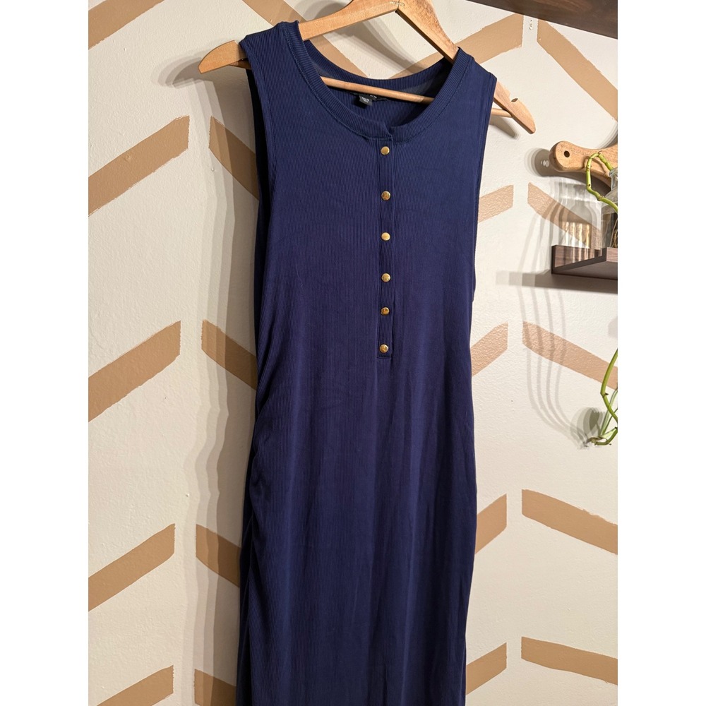 Boston Proper Maxi Dress Womens Size M Navy Blue Ribbed Henley Slit 224110038 - Picture 4 of 7